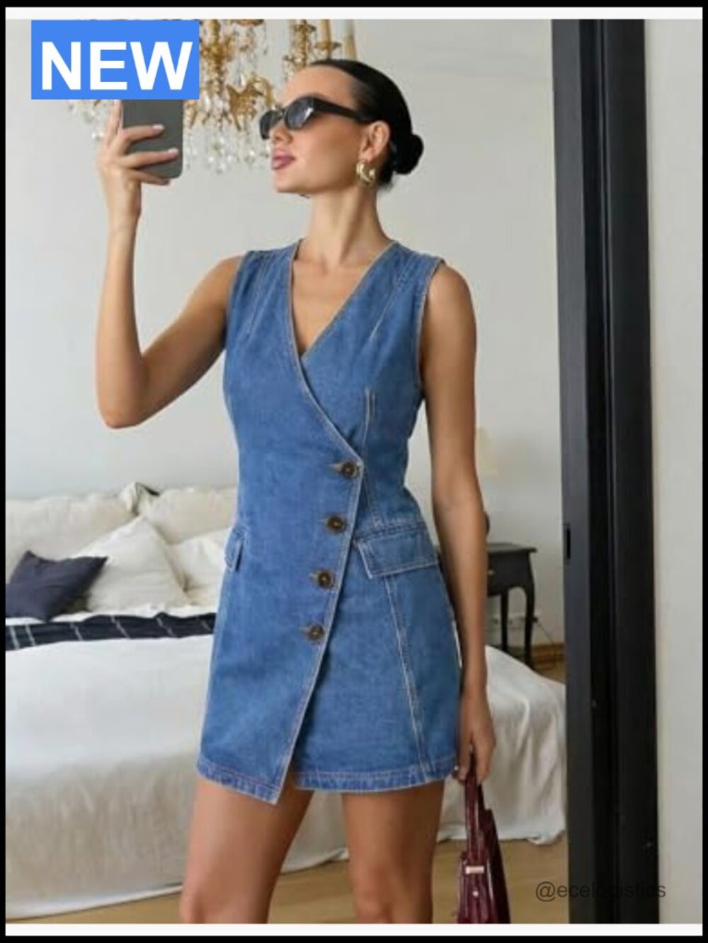 Sleeveless V-Neck A-Line Casual Mini Denim Dress Women Summer Jean - Picture 4 of 7